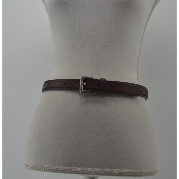 Women's Brown Leather Belt Textile Multicolored Accent Large - Picture 9 of 9